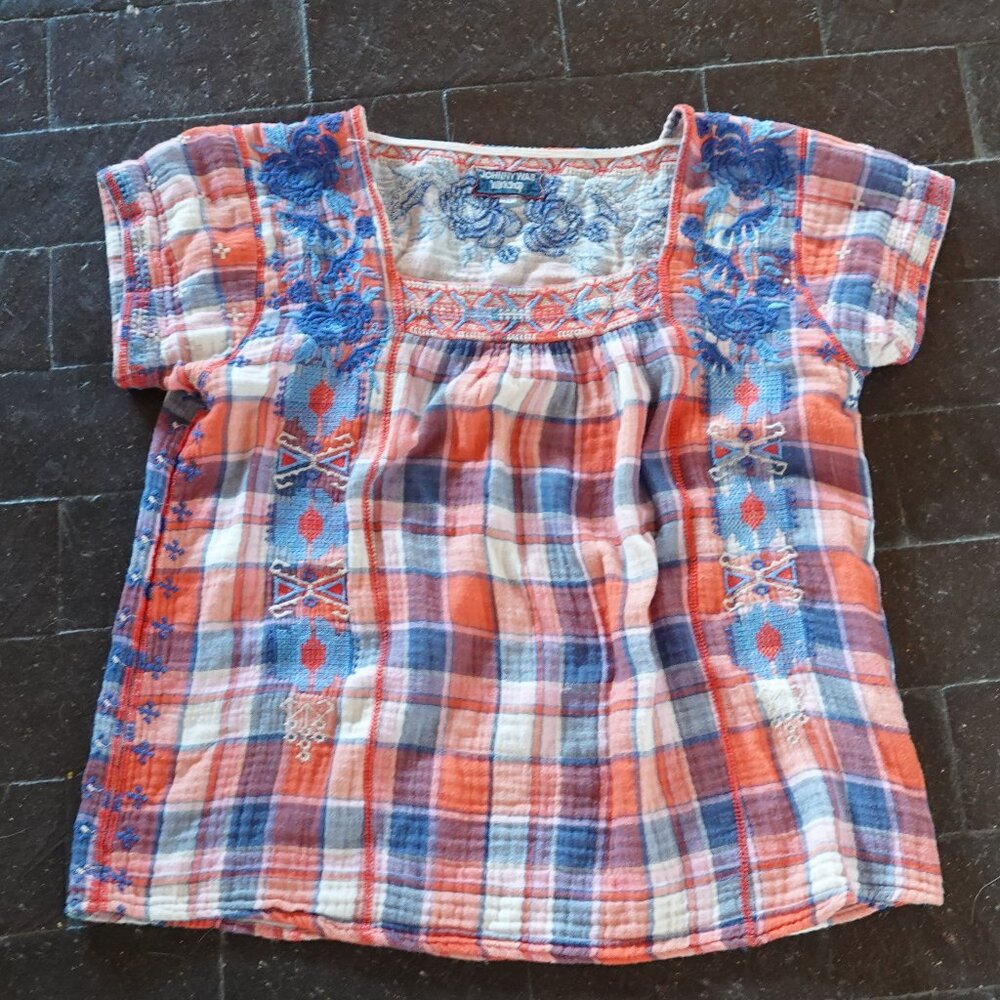 Johnny Was Workshop Blouse Top Women's Medium Red/White/Blue Embroidered